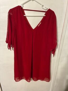 Soprano Red V-Neck Sheer Sleeve Tunic